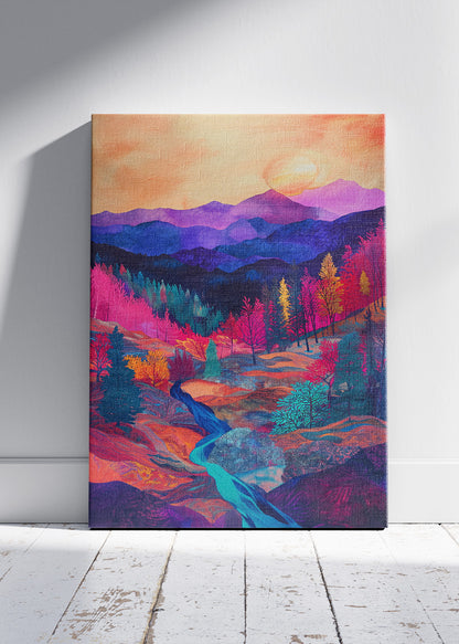 Neon Valley Sunset – Vibrant Mountain Landscape Canvas & Poster Print – AI PRINT LAB