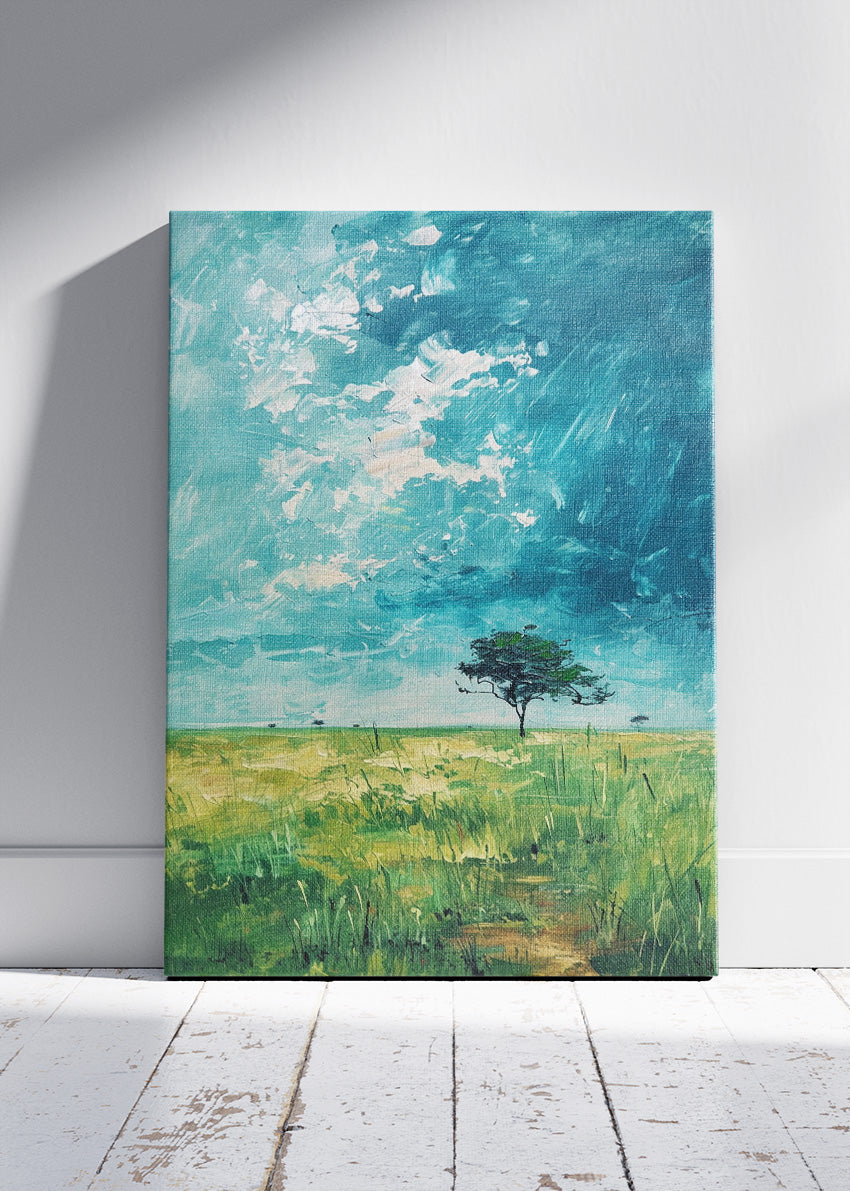 Solitary Tree Under Turquoise Sky – Minimalist Meadow Landscape Canvas & Poster Print – AI PRINT LAB