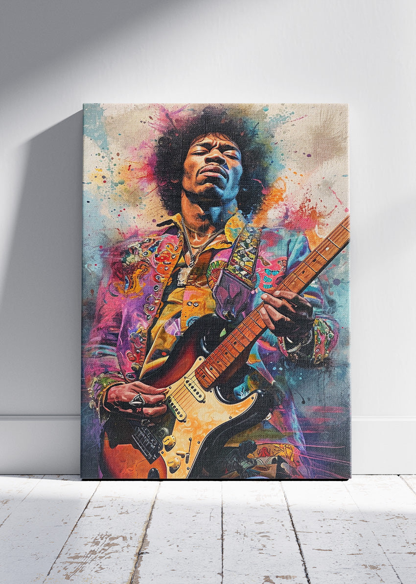 Jimi Hendrix Electric Guitar Wall Art Poster & Canvas Print – Colourful Rock Legend Portrait