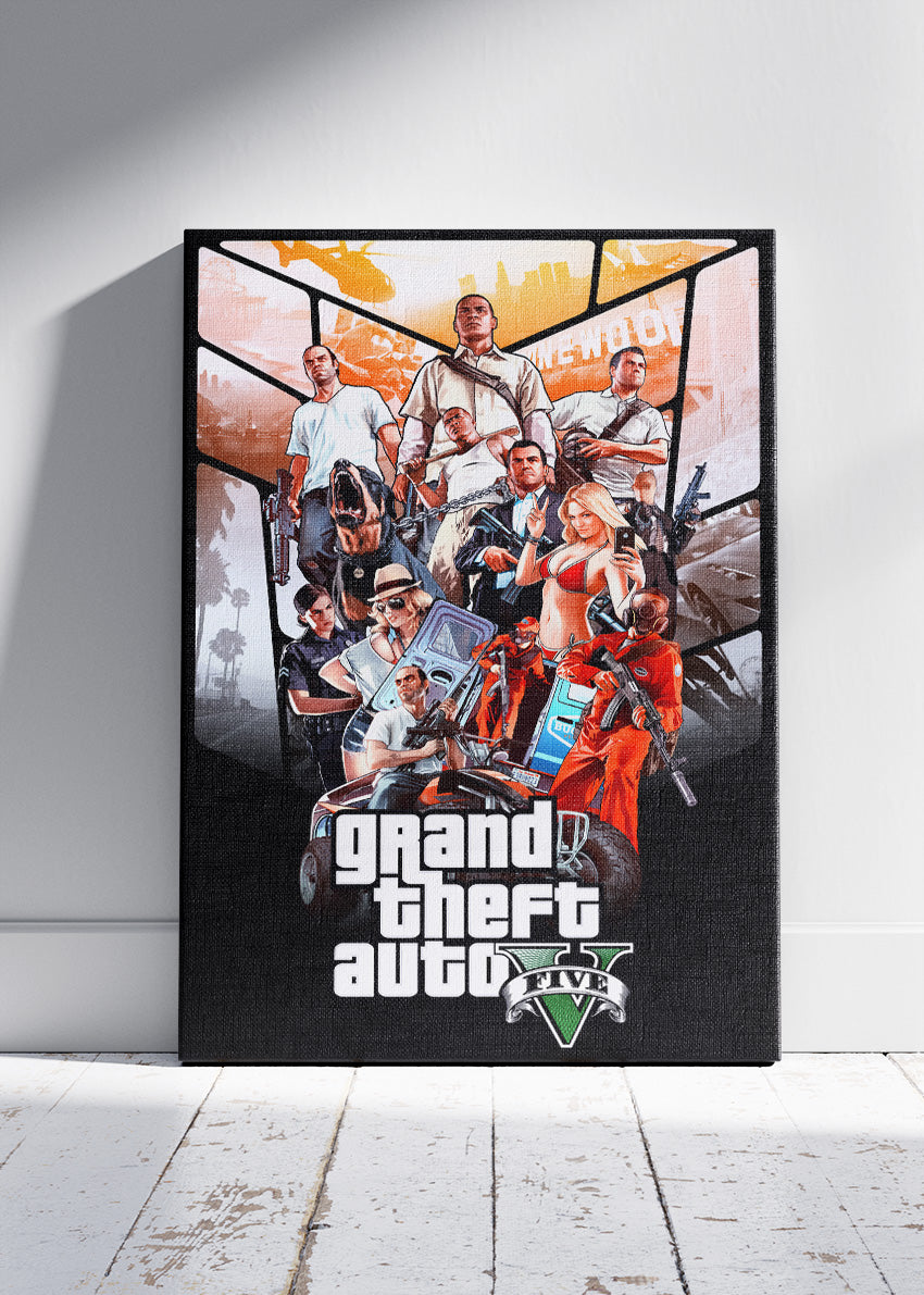 Grand Theft Auto V Wall Art Poster & Canvas – Iconic Character Collage Gaming Artwork