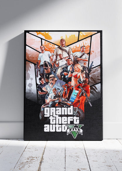 Grand Theft Auto V Wall Art Poster & Canvas – Iconic Character Collage Gaming Artwork