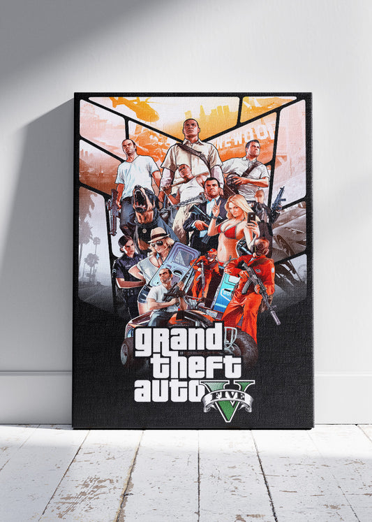Grand Theft Auto V Wall Art Poster & Canvas – Iconic Character Collage Gaming Artwork