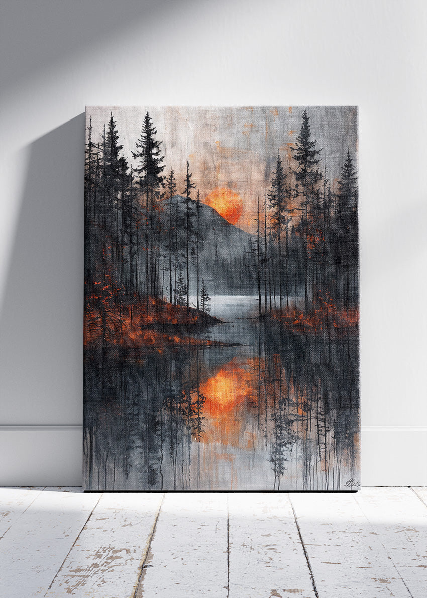 Moody Forest Sunset Reflection – Dark Pine Lake Canvas & Poster Print – AI PRINT LAB