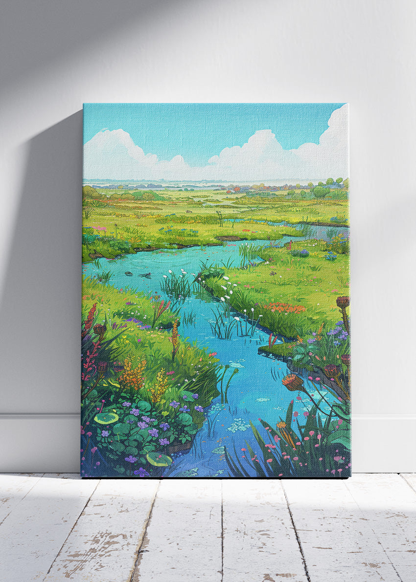 Wildflower Meadow River Landscape – Serene Countryside Canvas & Poster Print – AI PRINT LAB