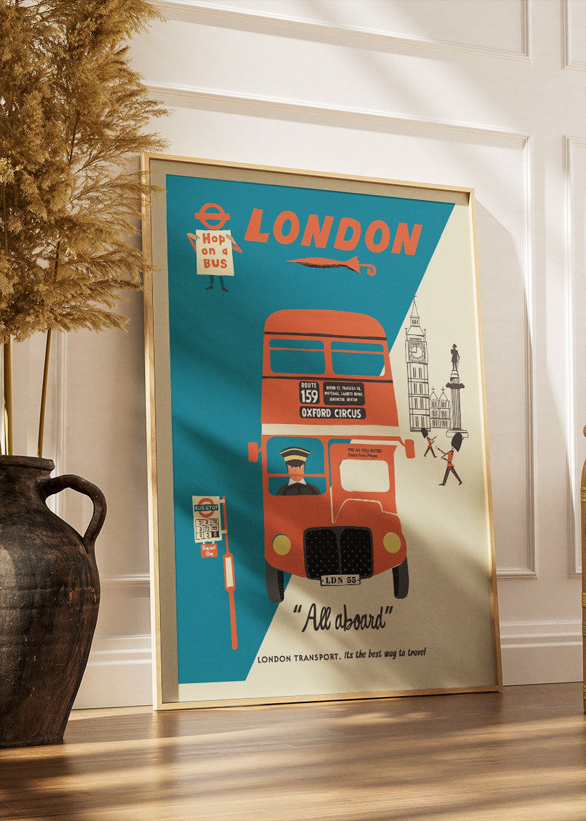 London Retro Bus Travel Poster & Canvas Print – Vintage Illustration Art – A1004