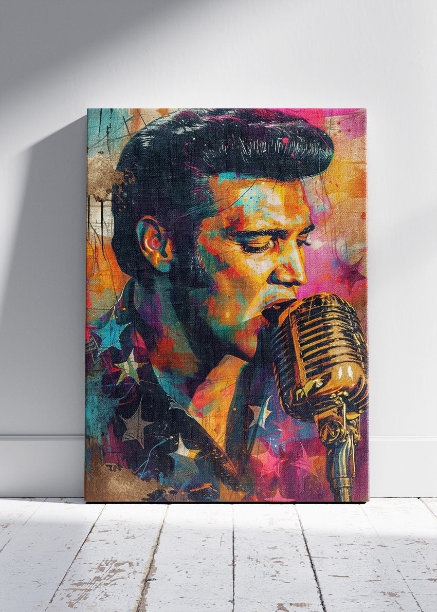 Elvis Presley Vintage Microphone Portrait Wall Art Poster & Canvas Print – Rock and Roll Icon Artwork