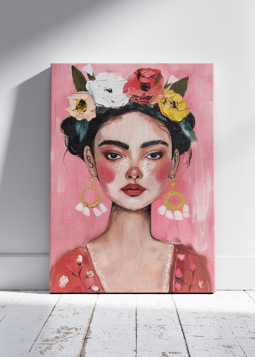 Frida Kahlo Inspired Floral Portrait Wall Art Poster & Canvas Print – Feminine Pink Boho Artwork