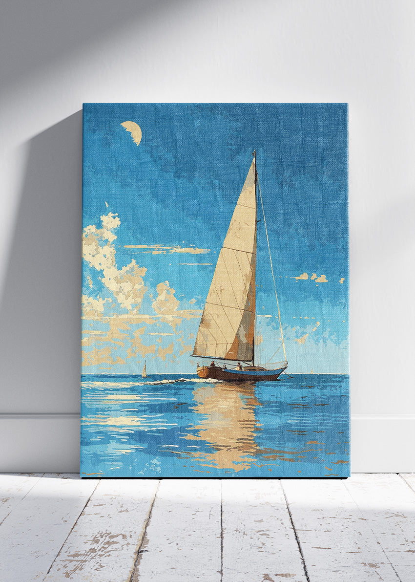 Golden Hour Sailing Boat – Calm Ocean Coastal Canvas & Poster Print – AI PRINT LAB