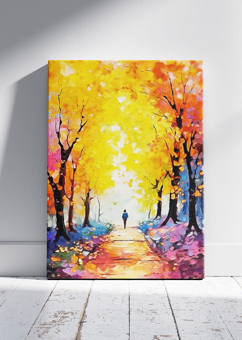 Golden Autumn Forest Path – Vibrant Fall Landscape Canvas & Poster Print – AI PRINT LAB