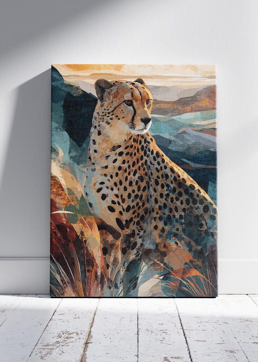 Cheetah Mountain Landscape Wall Art Poster & Canvas Print – Modern Wildlife Illustration
