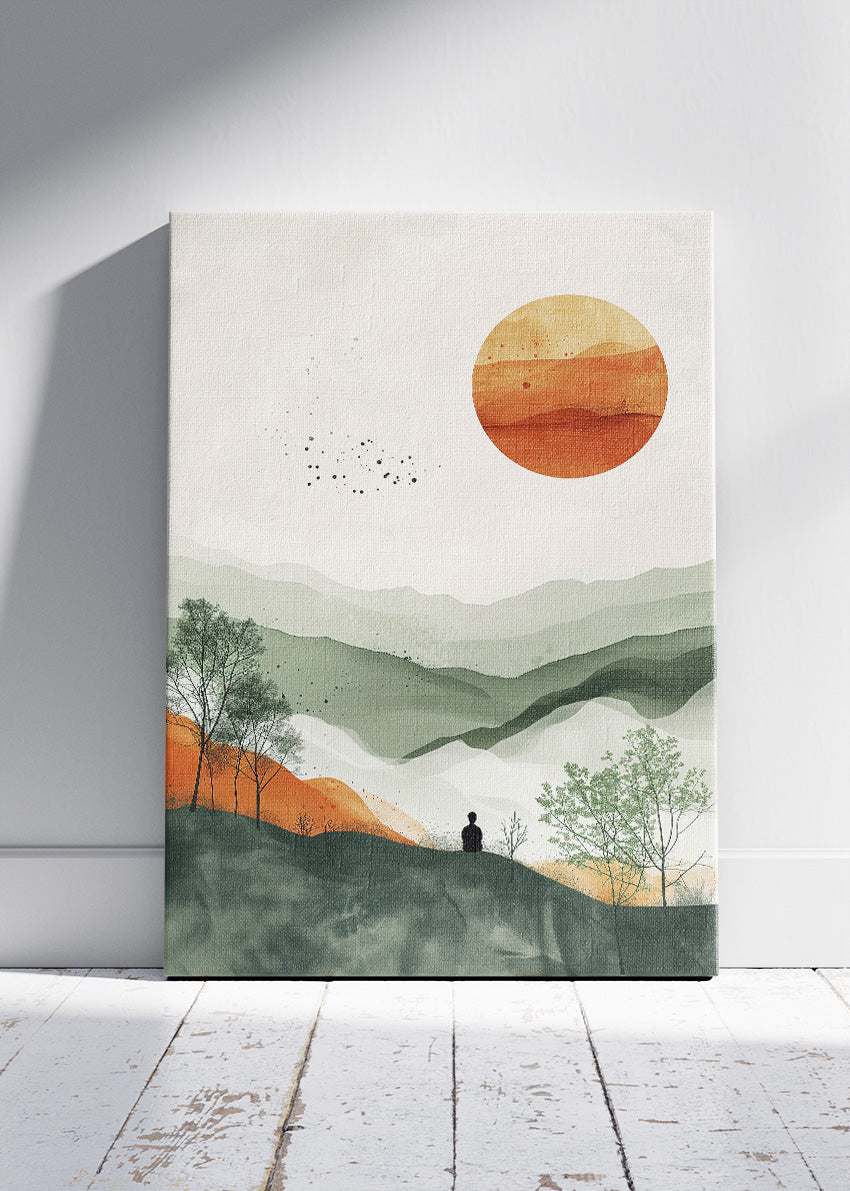 Minimalist Sunset Hills – Sage Green & Terracotta Landscape Canvas & Poster Print – AI PRINT LAB