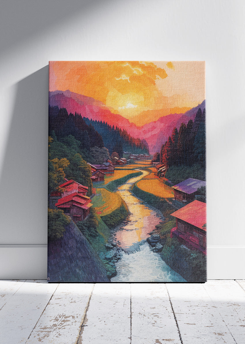 Golden Valley Village Sunset – Scenic River Landscape Canvas & Poster Print – AI PRINT LAB