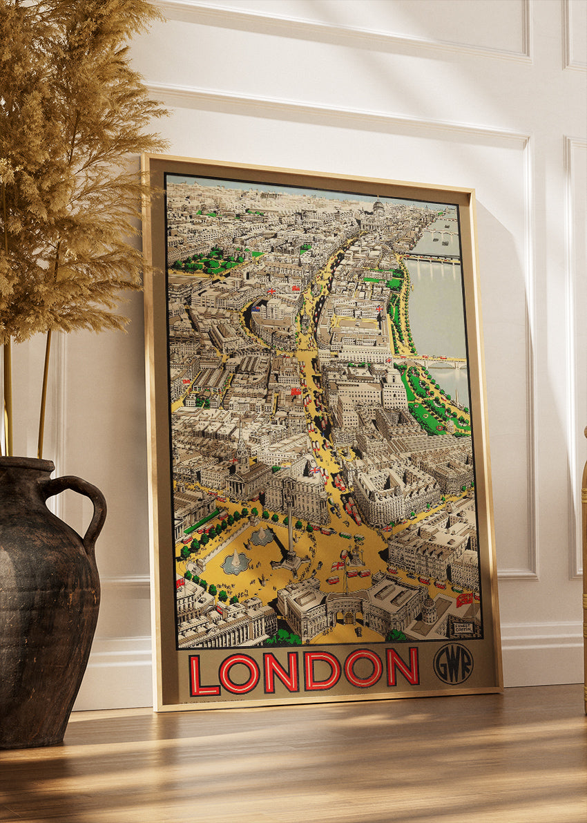 Vintage London City Map Poster & Canvas Print – Illustrated Aerial View Travel Art – A1005
