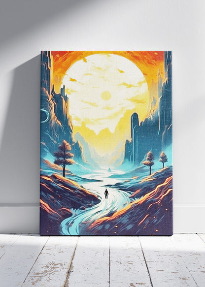 Surreal Canyon Path Under Giant Sun – Fantasy Landscape Wall Art Poster & Canvas – AI PRINT LAB