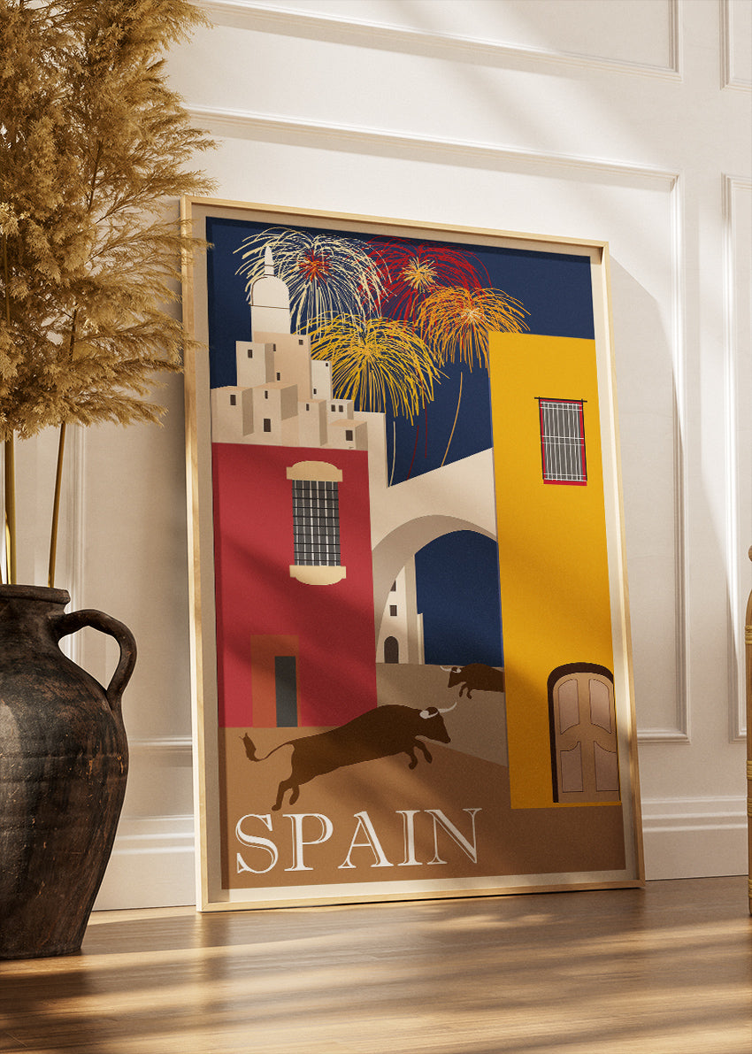 Spain Travel Poster & Canvas Print – Vintage Bull Run Illustration Art