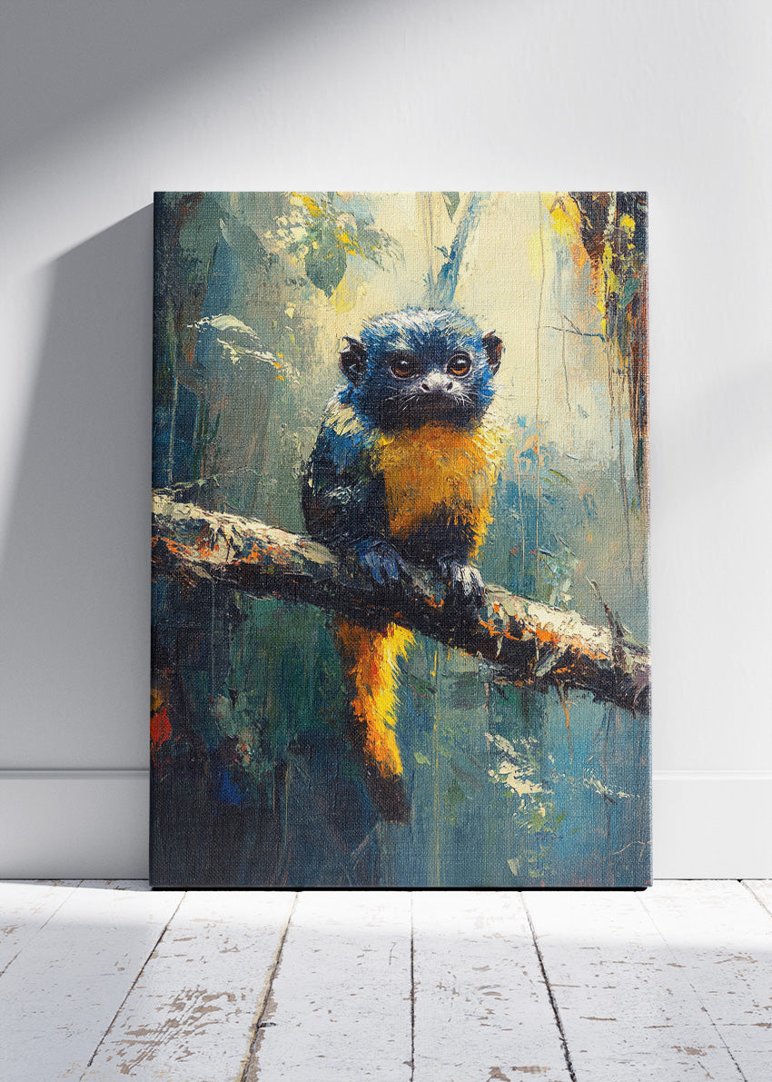 Cute Blue-and-Gold Forest Monkey Poster & Canvas Print – Colorful Wildlife Art