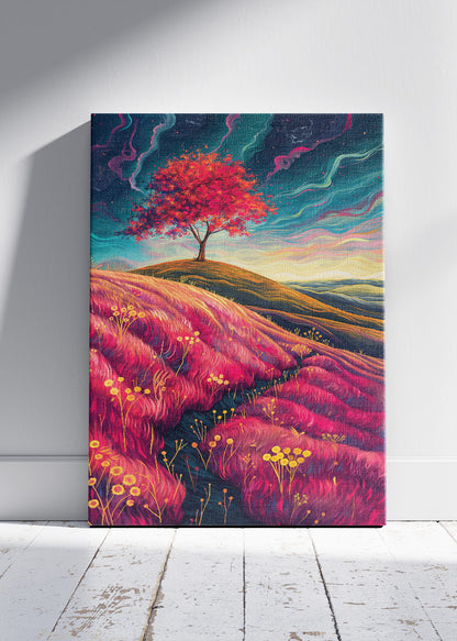 Surreal Crimson Hills & Lone Tree – Vibrant Dreamscape Canvas & Poster Print – AI PRINT LAB