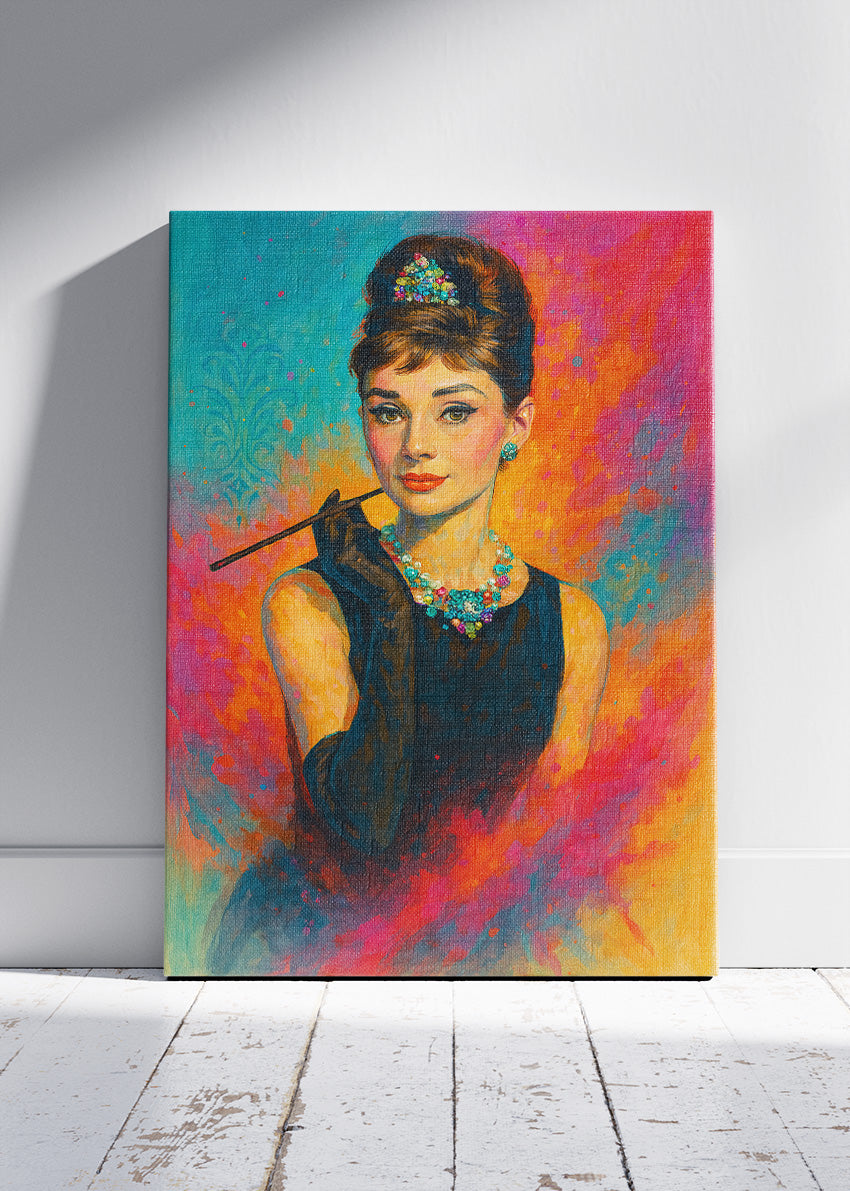Audrey Hepburn Elegant Portrait with Cigarette Holder – Classic Hollywood Wall Art Poster & Canvas