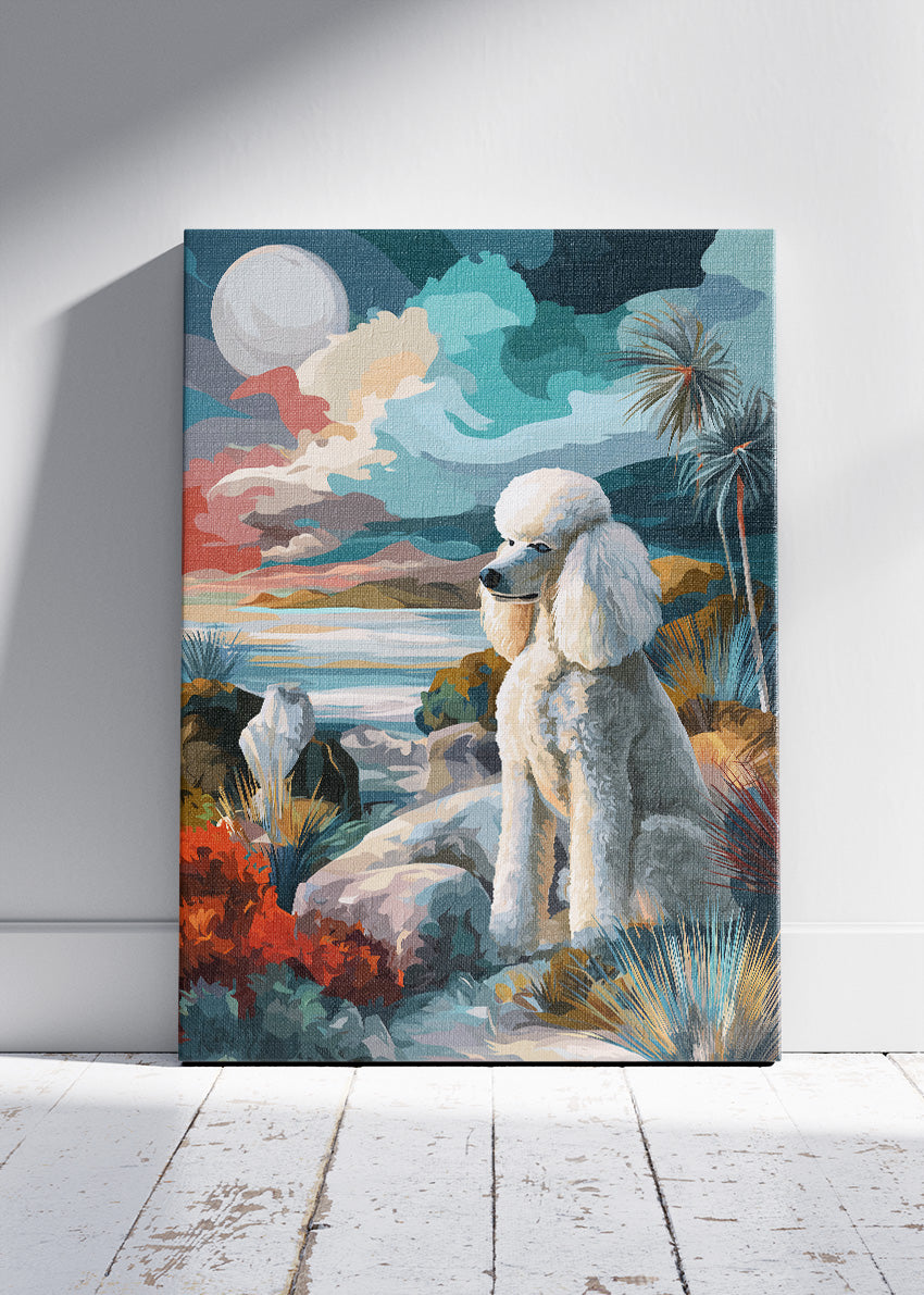 Poodle Coastal Landscape Wall Art Poster & Canvas Print – Elegant Dog Illustration