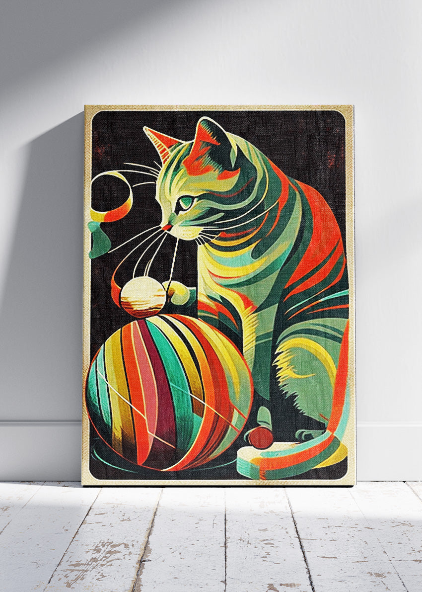 Retro Striped Cat Wall Art Poster & Canvas Print – Colorful Mid-Century Feline Illustration