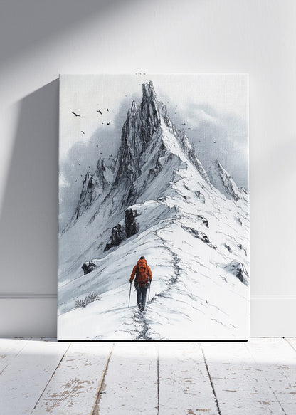Lone Hiker on Snowy Peak – Minimalist Mountain Adventure Wall Art Poster & Canvas – AI PRINT LAB