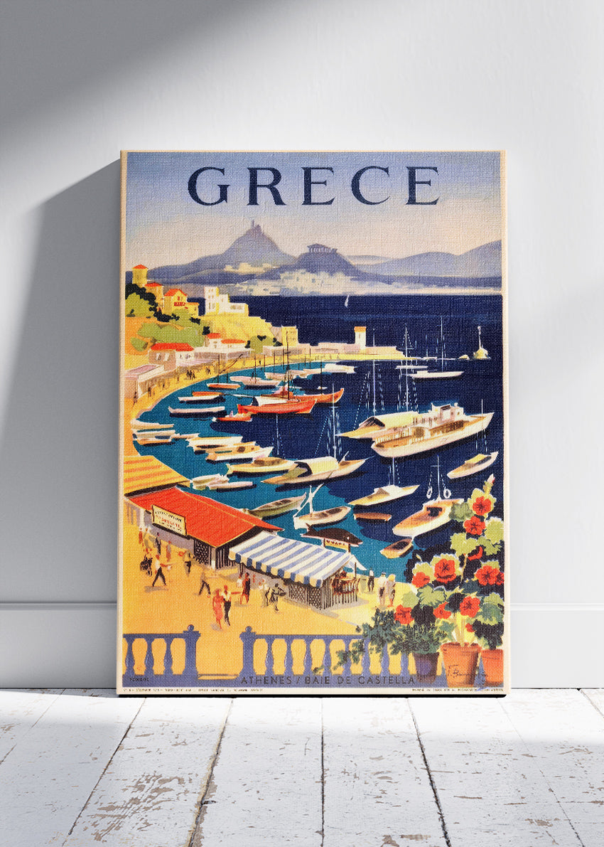 Greece Vintage Harbour Poster & Canvas Print – Athens Baie de Castella Retro Travel Art