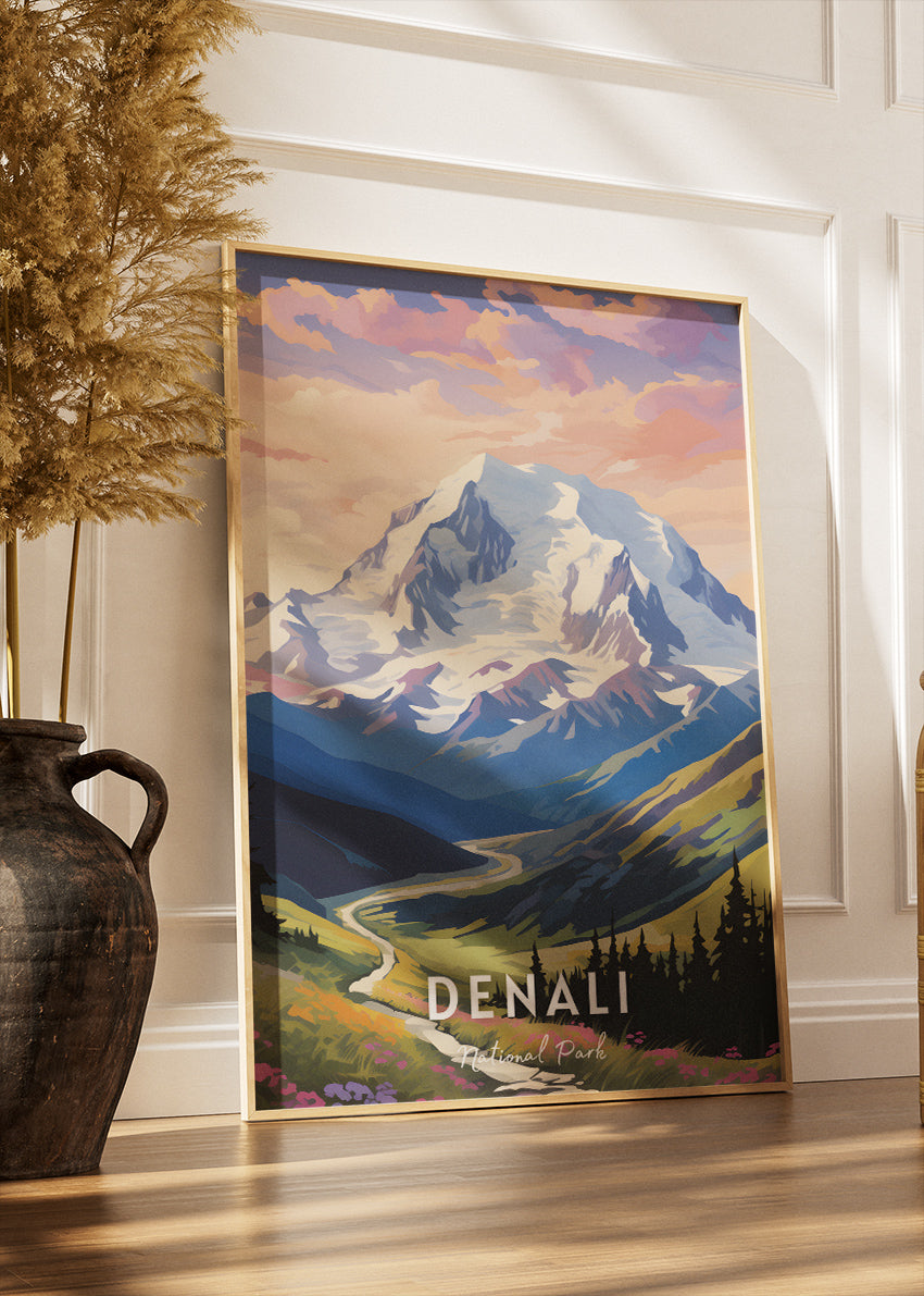Denali National Park Poster & Canvas Print – Mountain Landscape Illustration Wall Art