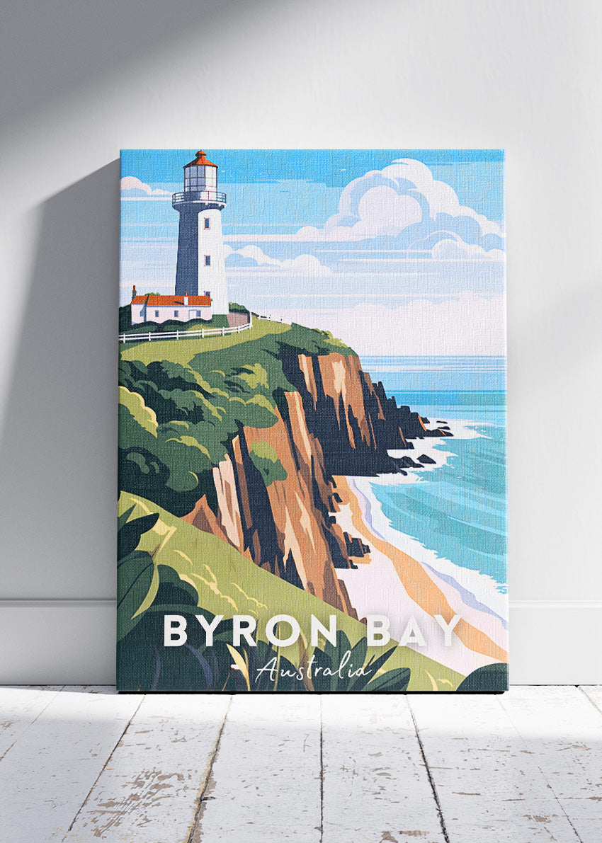 Byron Bay Australia Travel Poster & Canvas Wall Art – Lighthouse Coastal Cliff Illustration Print