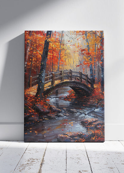Autumn Woodland Bridge – Warm Forest Stream Canvas & Poster Print – AI PRINT LAB