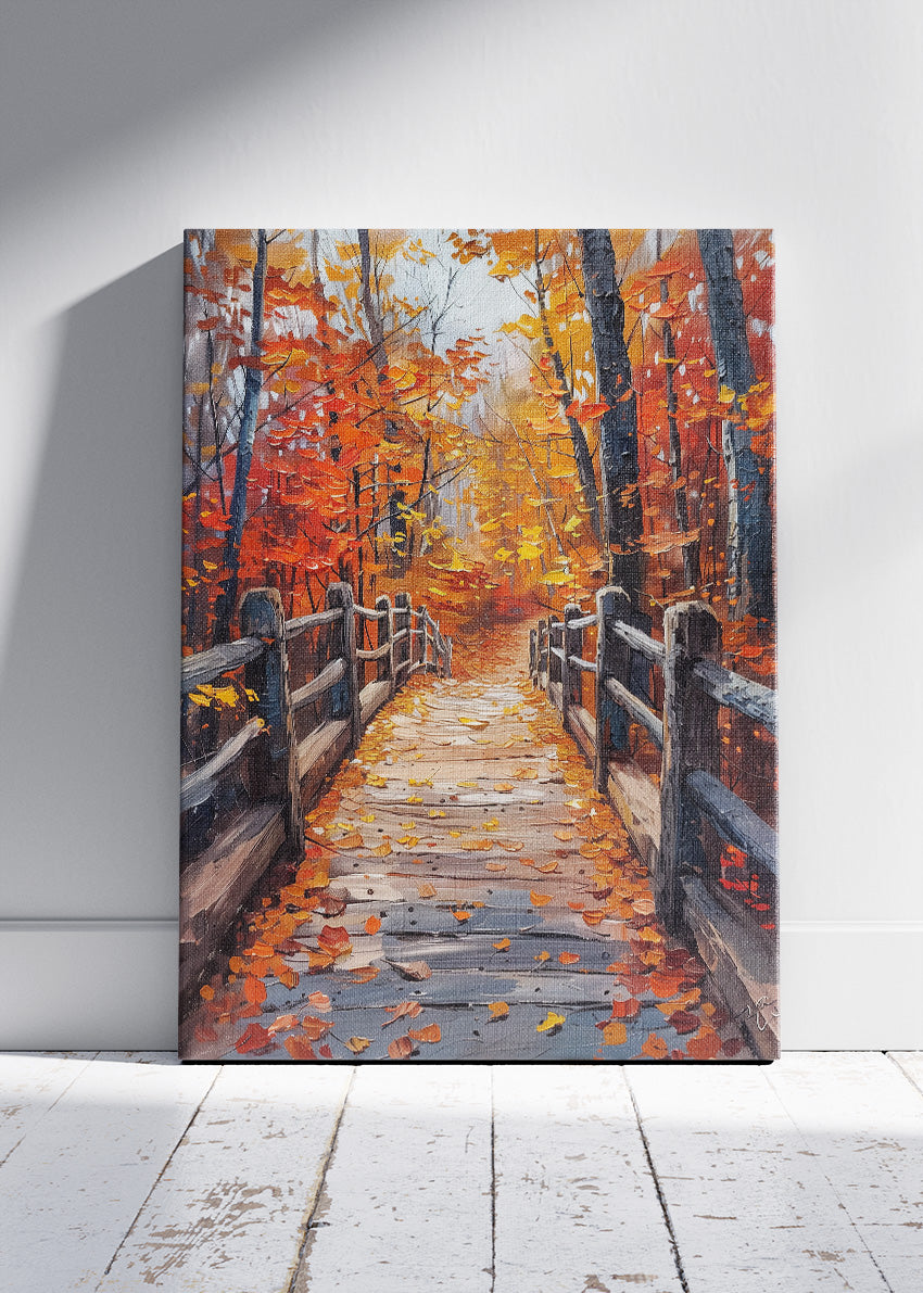 Autumn Boardwalk Path – Rustic Fall Forest Canvas & Poster Print – AI PRINT LAB