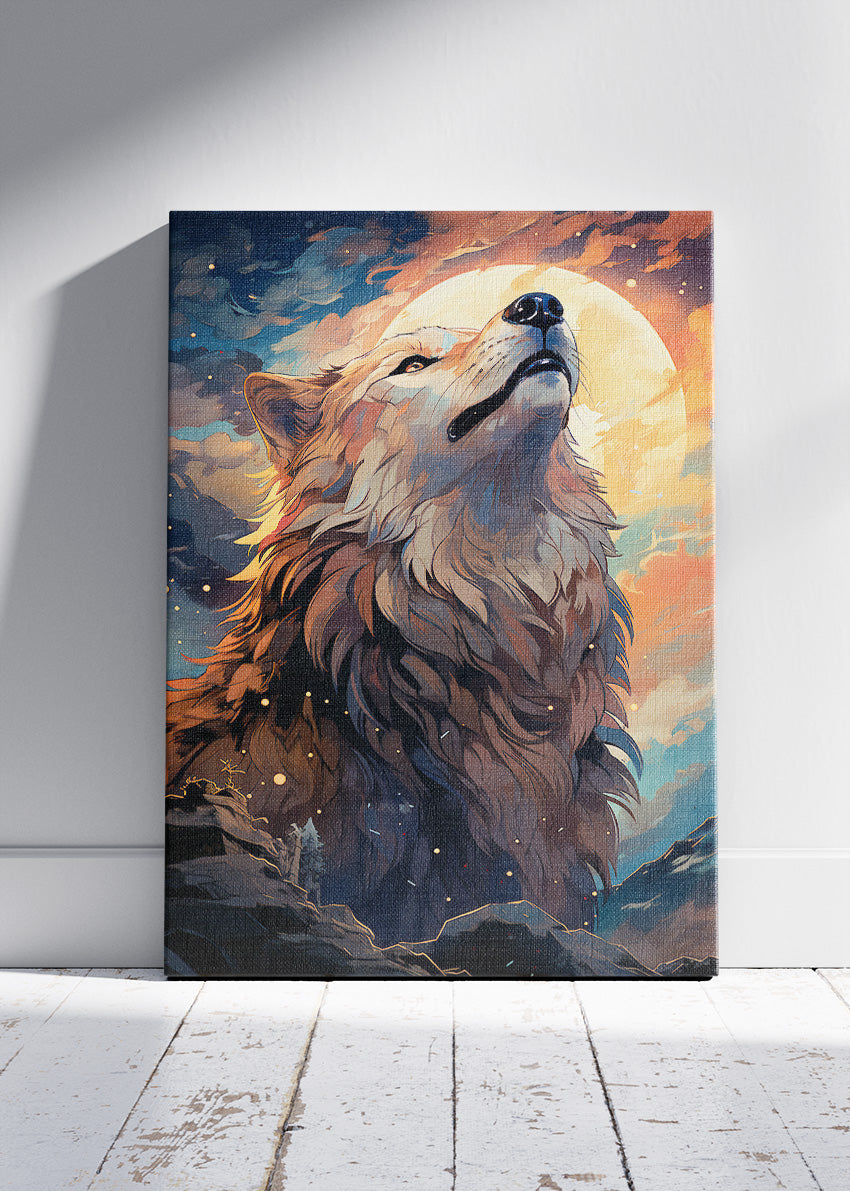 Majestic Wolf Under Moonlight Wall Art Poster & Canvas Print – Fantasy Wildlife Illustration