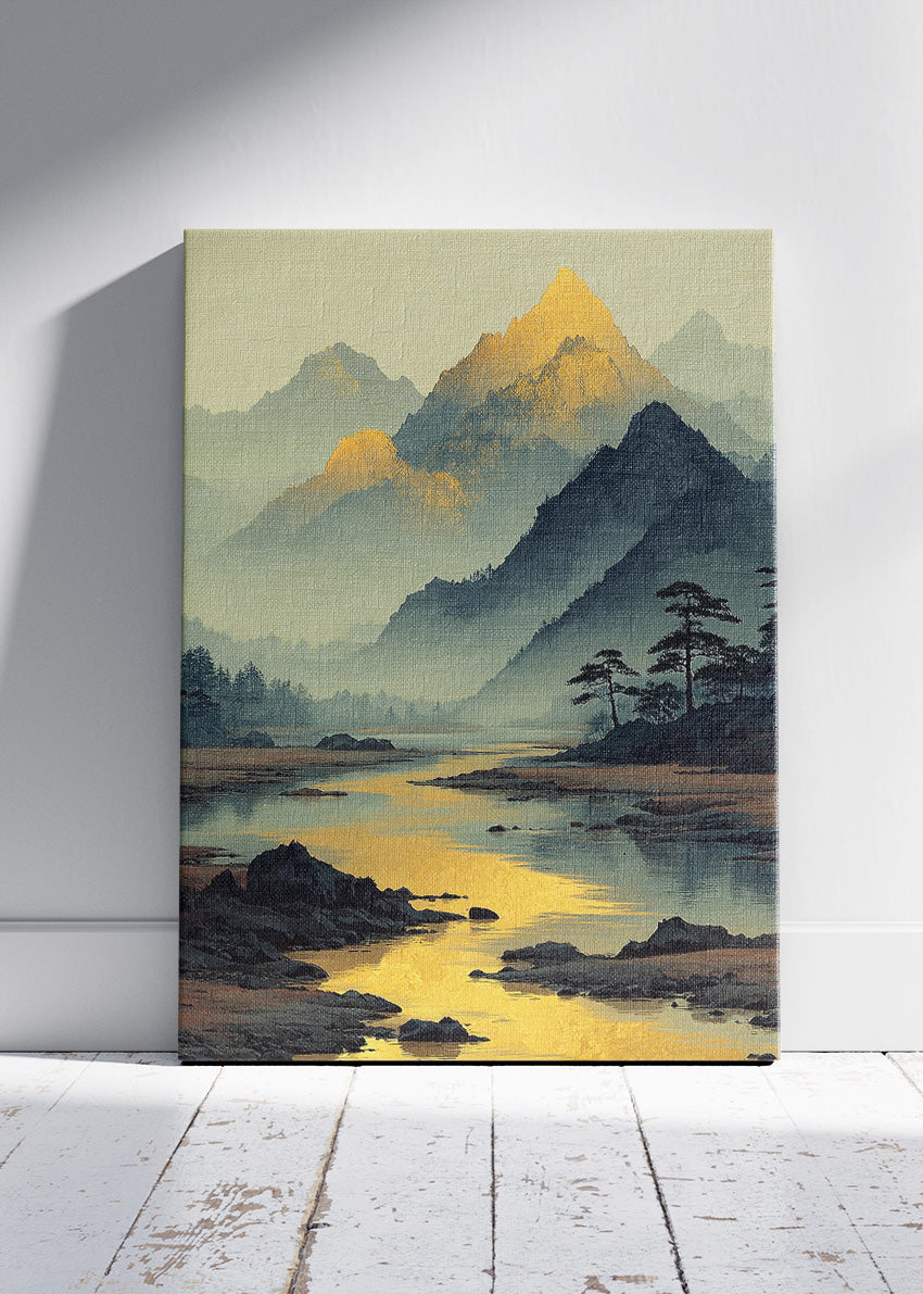 Golden Mountain Reflection – Tranquil River Landscape Canvas & Poster Print – AI PRINT LAB