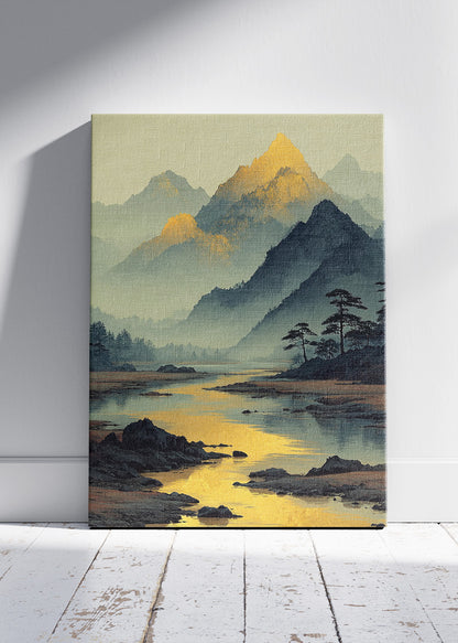 Golden Mountain Reflection – Tranquil River Landscape Canvas & Poster Print – AI PRINT LAB