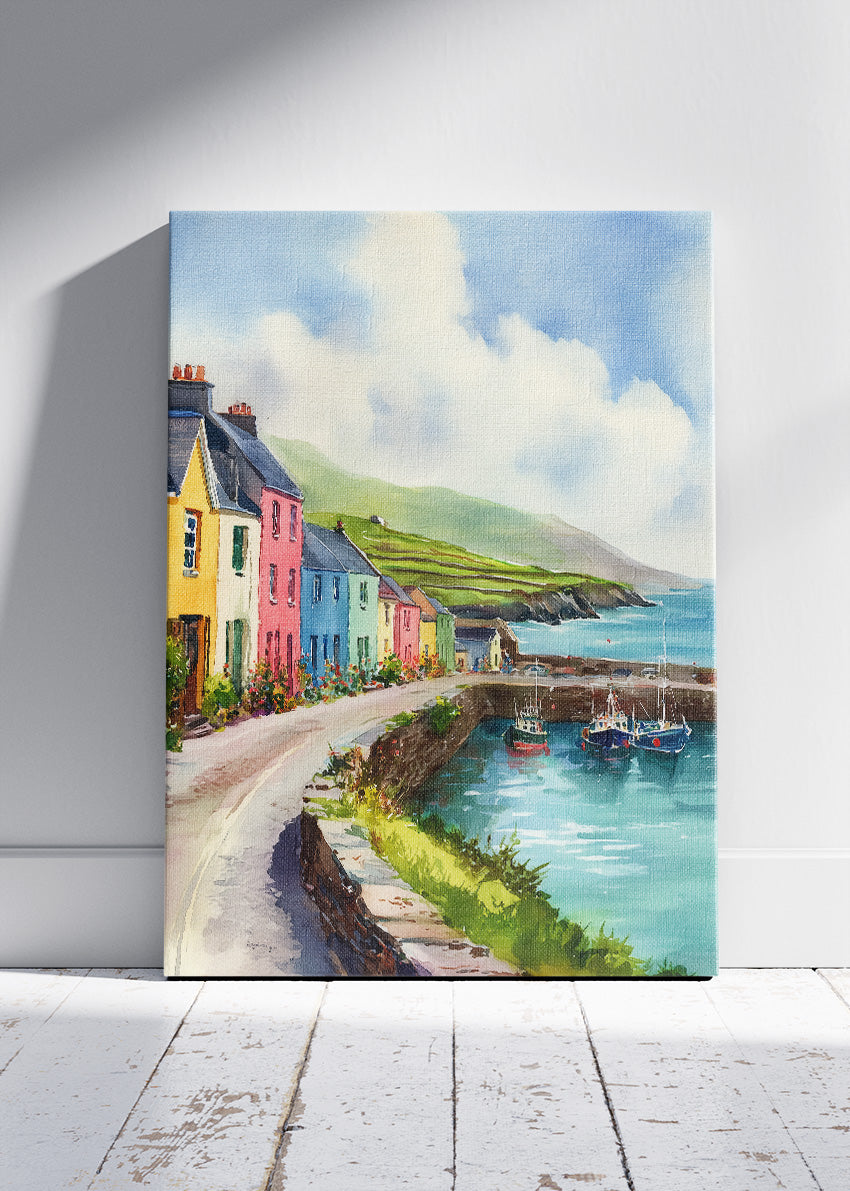 Colorful Coastal Village Harbor – Seaside Town Canvas & Poster Print – AI PRINT LAB