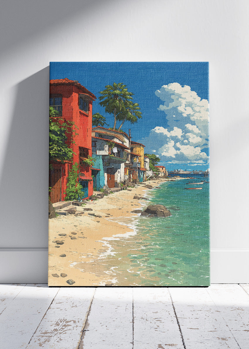 Mediterranean Seaside Village – Coastal Beach Houses Canvas & Poster Print – AI PRINT LAB