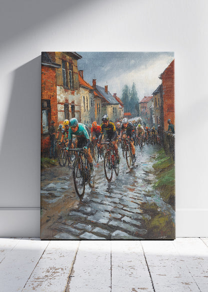 Rain-Soaked Cobblestone Cycling Race Art Print & Canvas – European Street Bicycle Wall Art