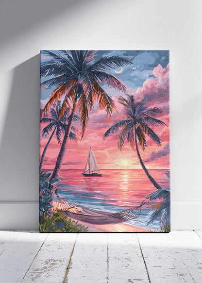 Tropical Sunset with Sailboat – Palm Tree Beach Canvas & Poster Print – AI PRINT LAB