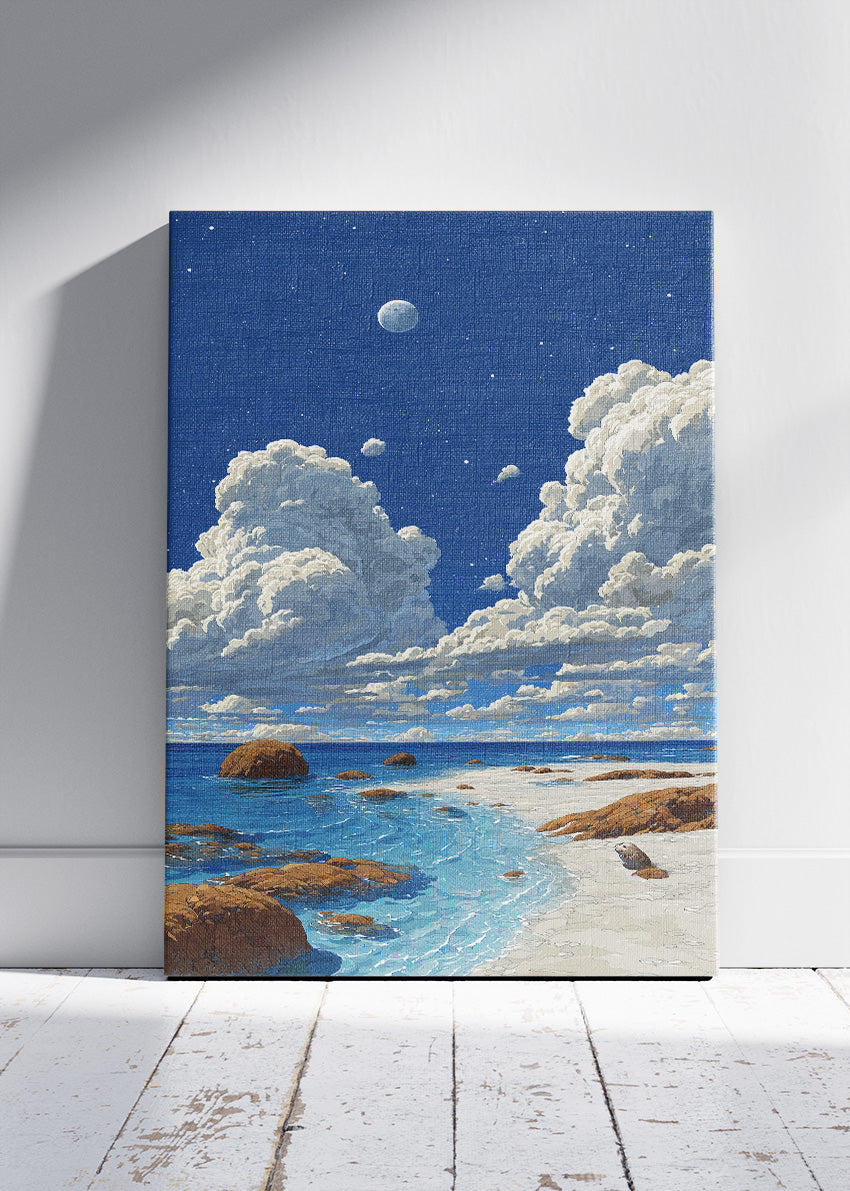 Moonlit Coastal Shore – Starry Night Ocean Canvas & Poster Print – AI PRINT LAB