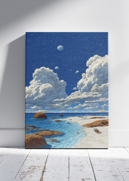 Moonlit Coastal Shore – Starry Night Ocean Canvas & Poster Print – AI PRINT LAB