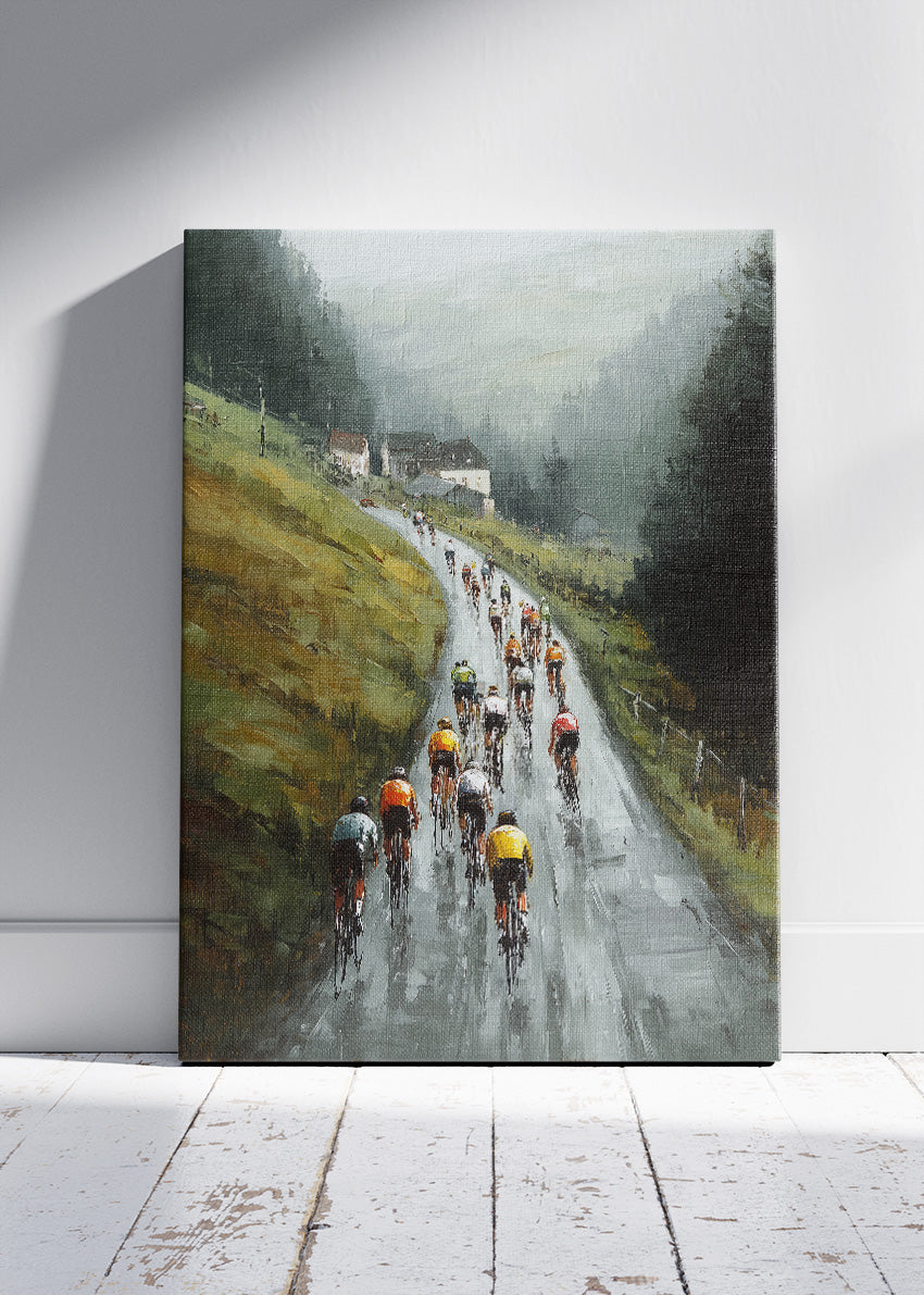 Misty Mountain Road Cycling Art Print & Canvas – Atmospheric Peloton Bicycle Wall Art