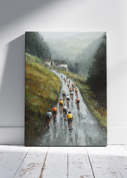 Misty Mountain Road Cycling Art Print & Canvas – Atmospheric Peloton Bicycle Wall Art