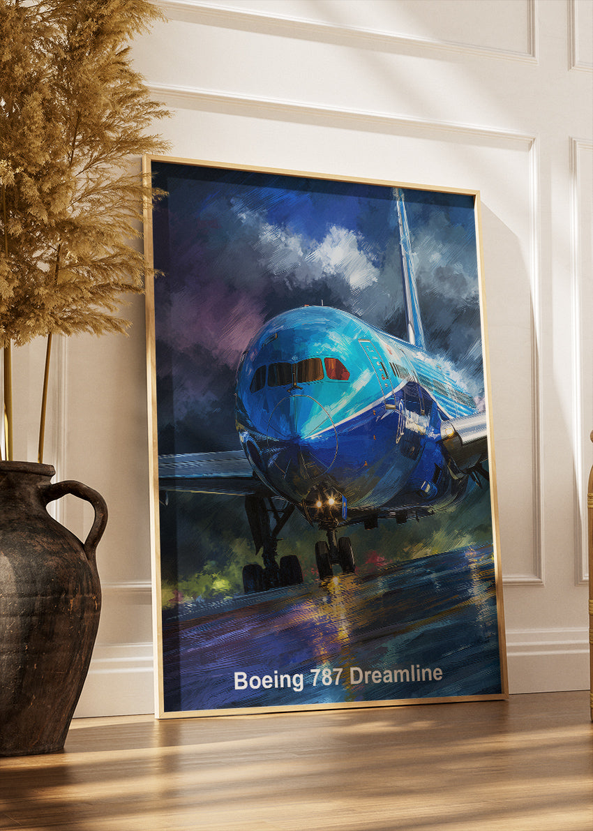 Boeing 787 Dreamliner Poster & Canvas Print – Rainy Runway Aviation Art – Aiprintlab