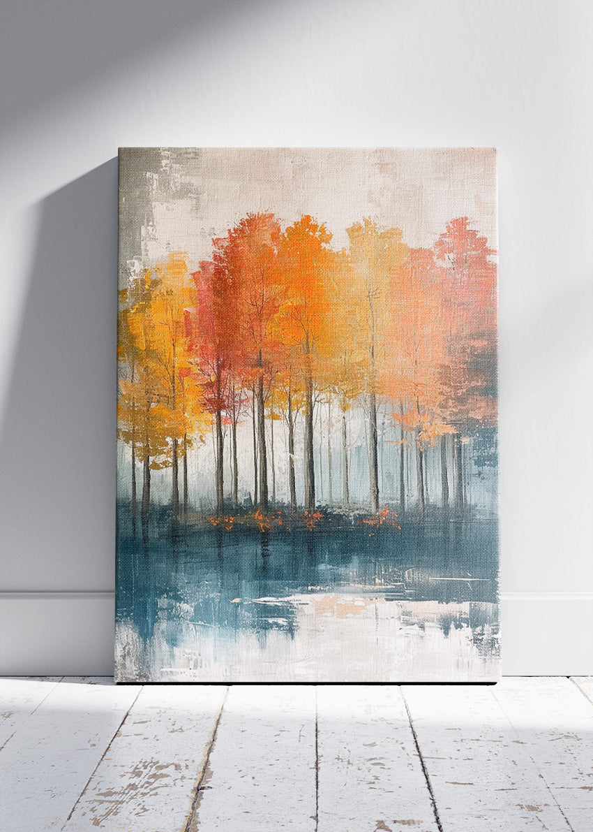 Autumn Lake Reflection Wall Art – Orange Woodland Canvas Print & Modern Abstract Forest Poster for Living Room Decor UK