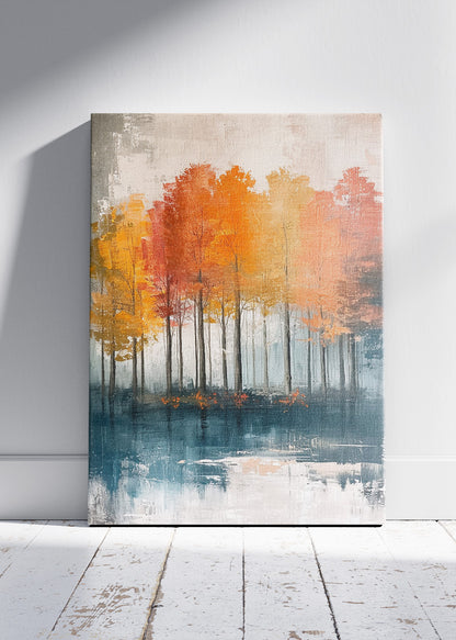 Autumn Lake Reflection Wall Art – Orange Woodland Canvas Print & Modern Abstract Forest Poster for Living Room Decor UK