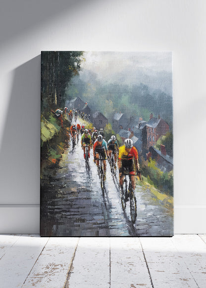 Rainy Hill Climb Cycling Art Print & Canvas – Classic European Peloton Wall Art