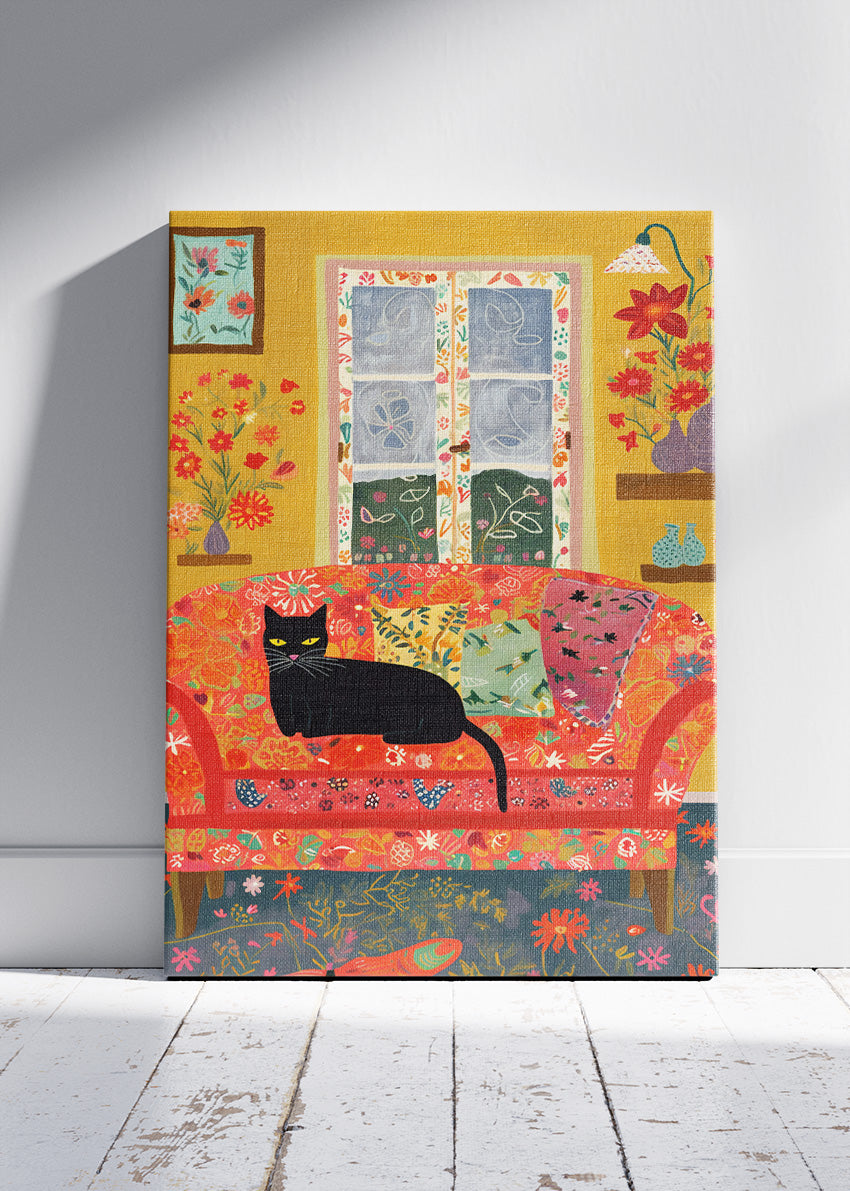 Cozy Cat Living Room Canvas Print & Poster – Colorful Home Wall Art