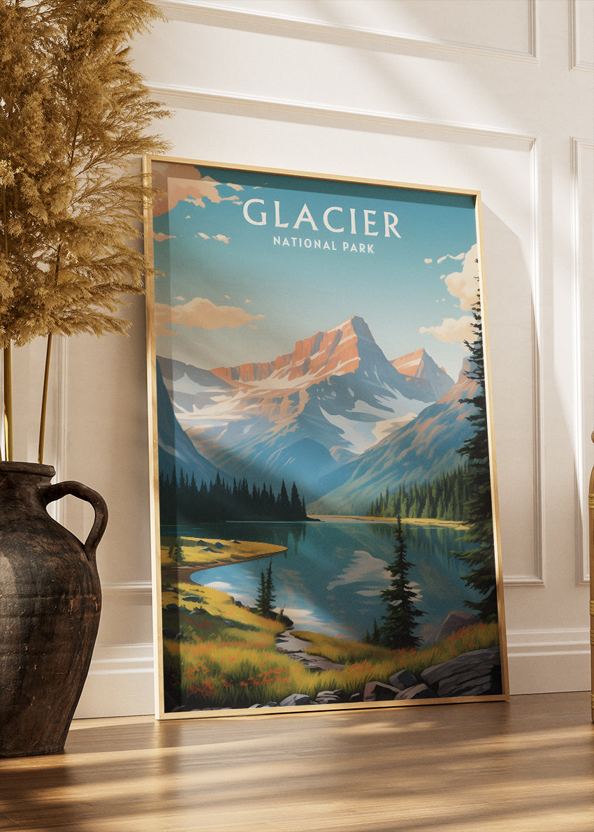 Glacier National Park Poster & Canvas Print – Mountain Lake Landscape Illustration Wall Art