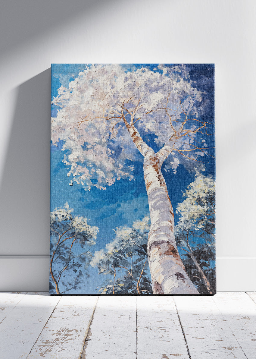 White Birch Tree Wall Art – Upward Forest Canvas Print & Modern Blue Sky Nature Poster for Living Room Decor UK