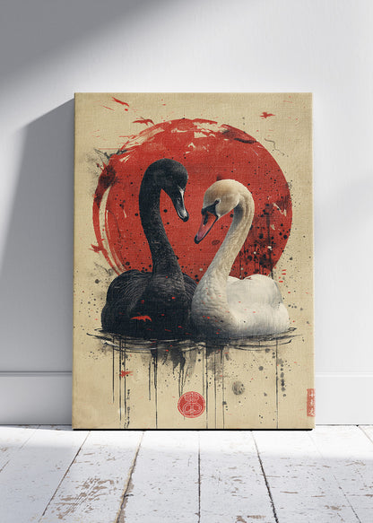 Black & White Swan Poster & Canvas Print – Japanese Red Sun Art