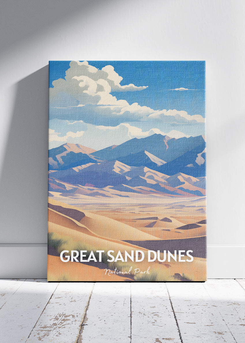 Great Sand Dunes National Park Travel Poster & Canvas Wall Art – Desert Landscape Illustration Print